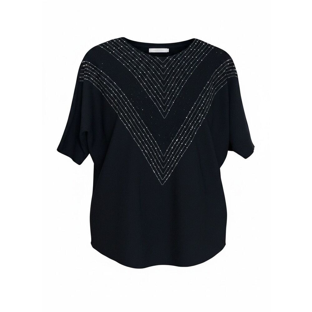Luna Embellished Stud Crew Neck Short Sleeve Knit Pullover‎ Sweater Black Medium